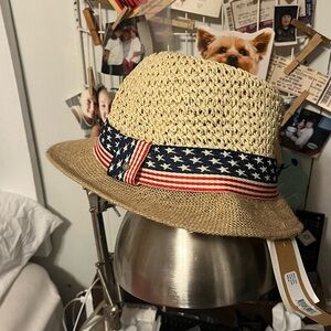 Beige Straw Fedora Hat with American Flag Band
